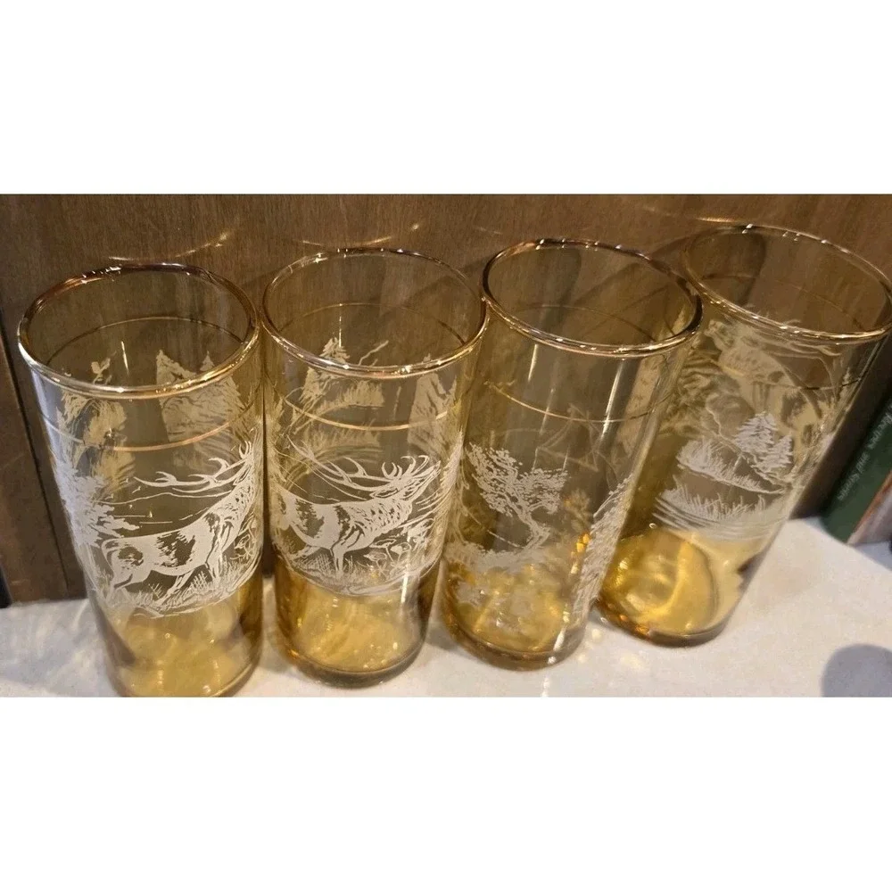 VTG Amber Highball Glasses Frosted White‎ Deer Stag Forest MCM Barware Set 4